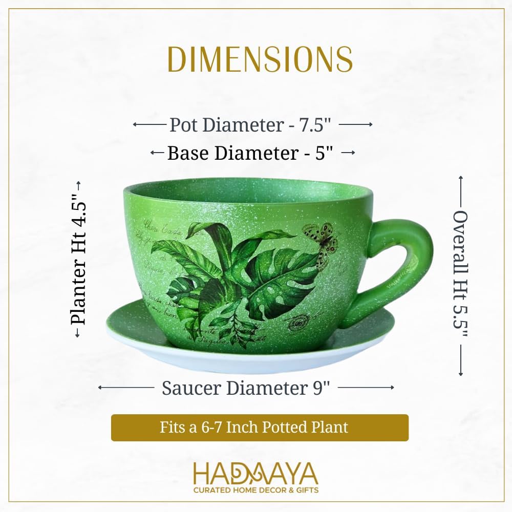 7.5" Ceramic Teacup Planter Pot with Saucer | Ideal for Succulents, Orchids, Herbs & Flowers | Indoor & Outdoor Use | Thoughtful Gift for Birthday or Wedding & More - Green - Palm Leaves