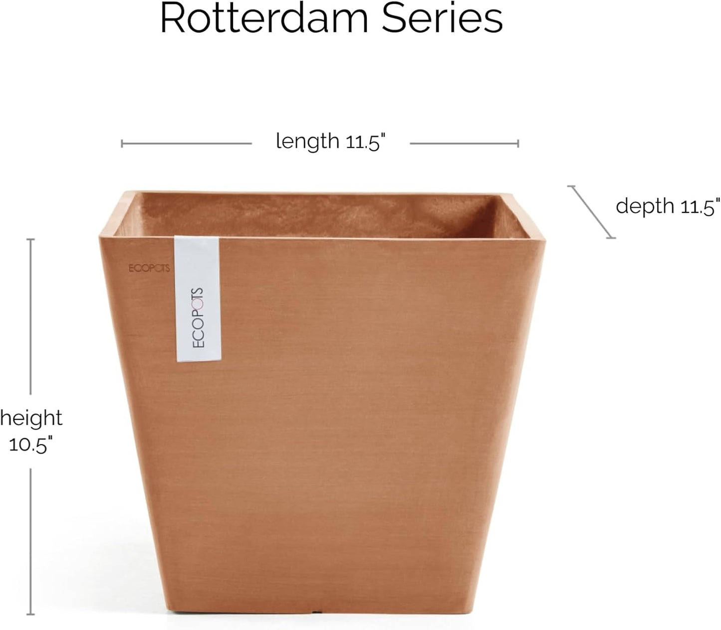 Ecopots Rotterdam Durable Modern Square Indoor/Outdoor Recycled-Based Composite Flower Planter, Terracotta Color, 12"