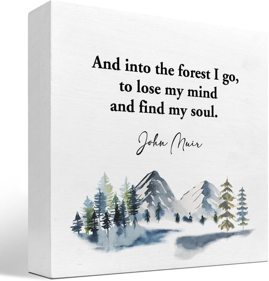 And into the Forest I Go to Lose My Mind and Find My Soul Wood Box Sign Desk Decor,Inspirational Wooden Block Plaque Sign for Home Office Shelf Table Desk Decorations