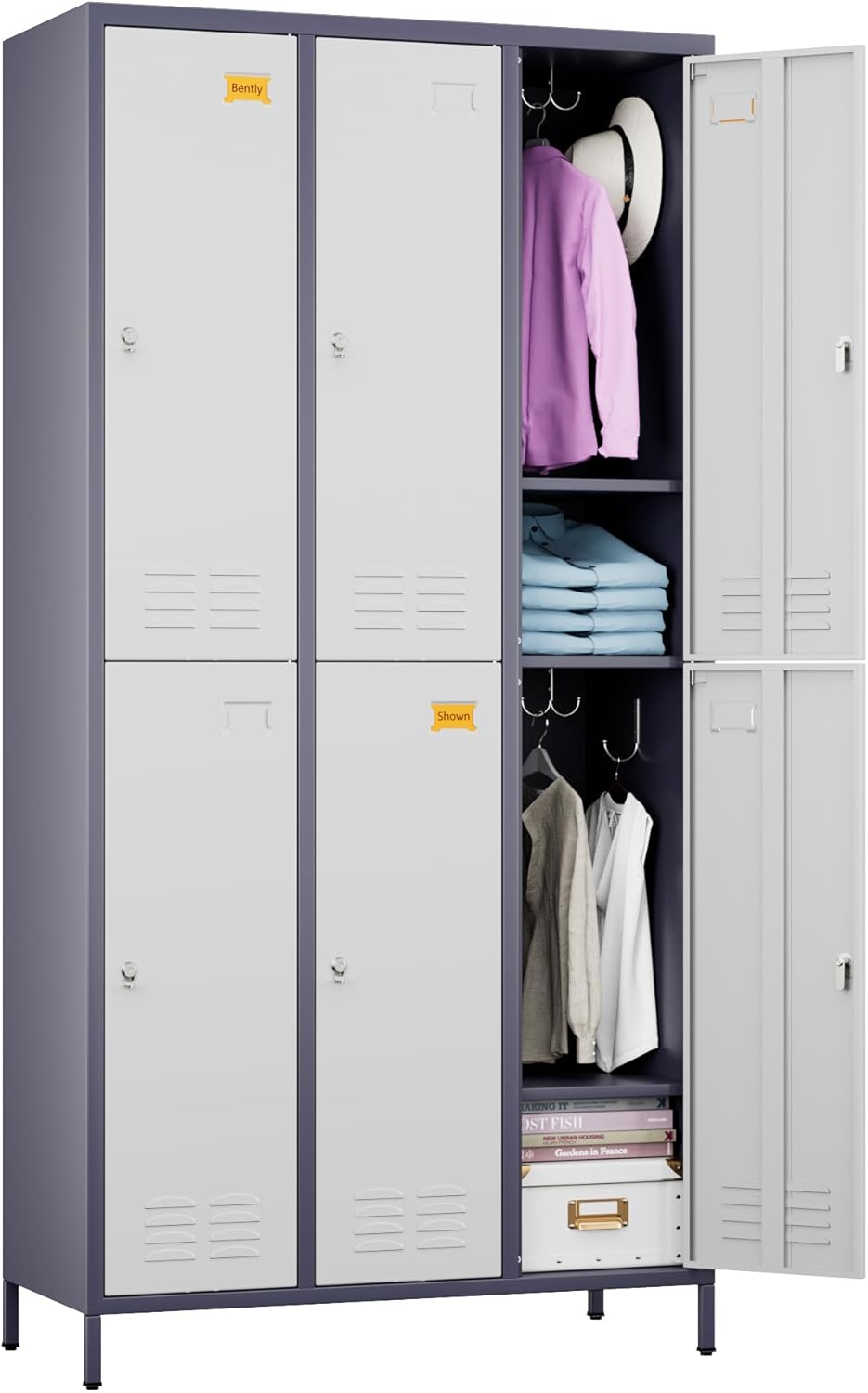 6 Doors Metal Lockers for Employees with 6 Shelves and 18 Hooks, Storage Locker with Business Card Holder for Office Gym School Bedroom, Assembly Required, White and Gray
