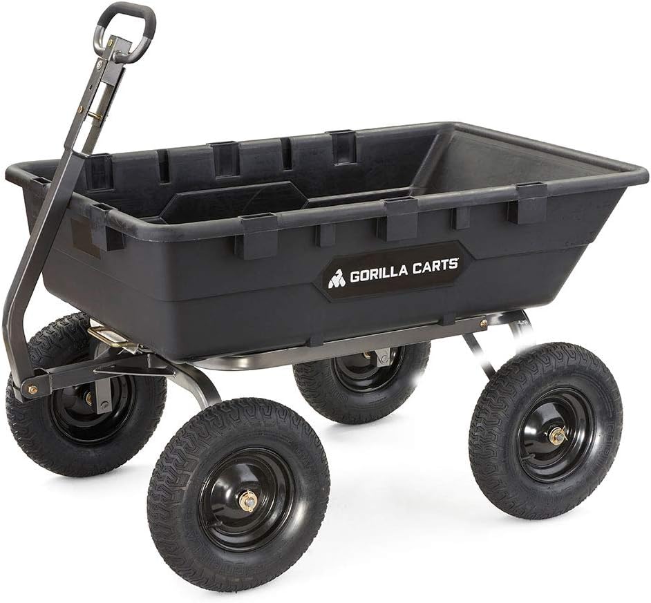 Gorilla Carts Heavy-Duty Poly Yard Dump Cart, 10 Cu Ft Tub, 1500 lb Haul Capacity, Black – Towable Utility Wagon with Quick-Release Dumping & Pneumatic Tires for Landscaping and Gardening