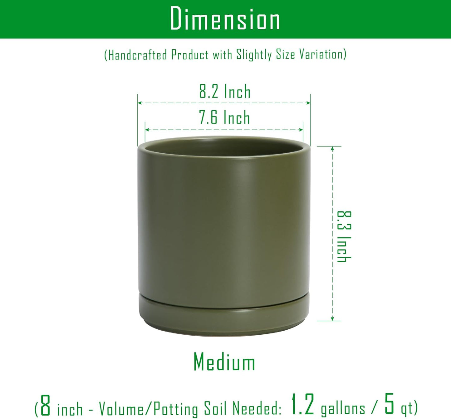 D'vine Dev 8.2 Inch Ceramic Planter Pot with Drainage Hole and Saucer, Indoor Cylinder Round Planter Pot, Olive, 94-O-D-J