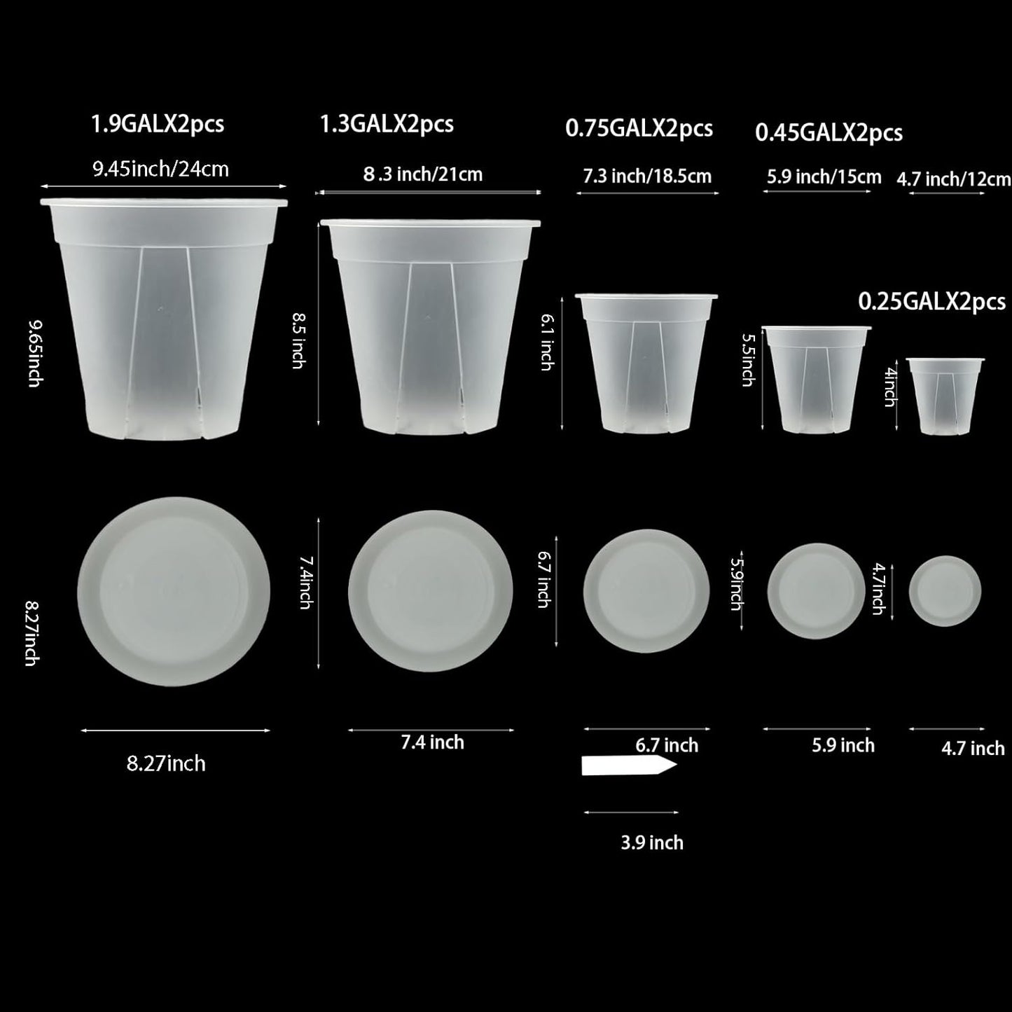 Large Clear pots for Plants with Saucers,10 pcs 9.5/8.3/7/6/5 inch Thick Plastic Nursery pots for Plants with Drainage Holes for Monstera Plant Live,Succulents etc - Indoor and Outdoor use