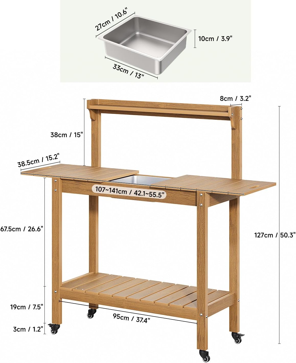 HDPS Outdoor Potting Bench with Sliding Tabletop/ 4 Wheels/Removable Sink, All-Weather Outside Garden Work Table, No Rust/Fade/Break, Potting Station for Porch, Patio & Backyard (Teak)