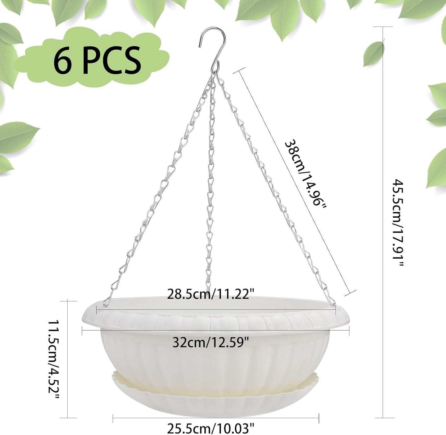 12.59in Hanging Planter Pots for Outdoor and Indoor Plants Flowers with Drainage Hole Tray Hooks Plastic Plant Baskets for Garden Home Porch (White, Pack of 6)
