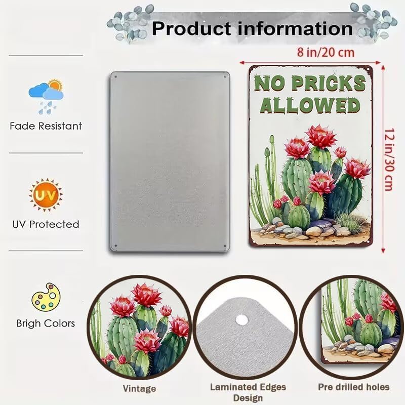 Bestylez Garden Gifts Vintage Cactus No Pricks Allowed Gardening Signs for Home Garden Greenhouse Living Room Bedroom Yard Outdoor Decor 8X12 Inch (3365)