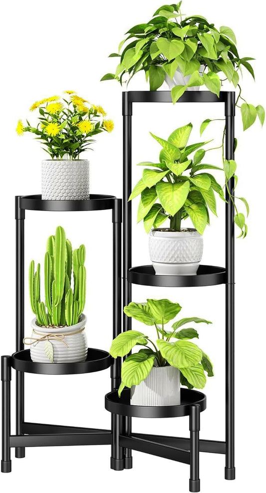 5 Tier Metal Plant Stand Indoor, Foldable Corner Plant Stands Outdoor, Rotatable Tiered Plant Stand, 31 Inch Tall Plant Shelf for Patio Living Room Balcony Garden Home - Black