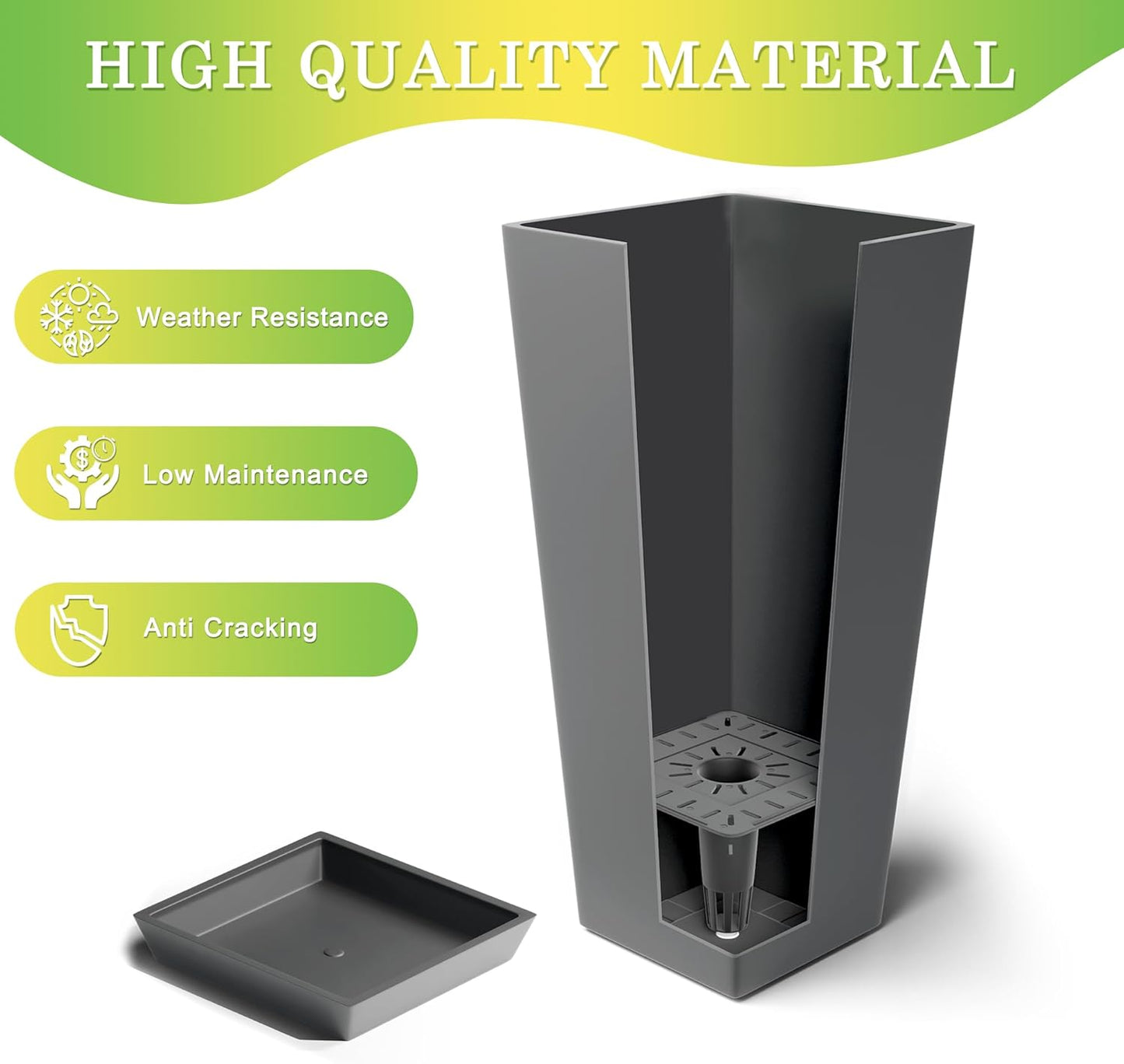 Set of 2 Tall Planters, 24" Large Indoor Outdoor Flower Pots with Tray, Modern Tapered Planters for Porch, Patio, Garden, Backyard