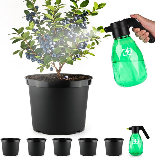 5-Gallon Nursery Pots 5P with 0.5 Gallon/2L Electric Spray Bottle, Plant Containers with Drainage Holes, Round Sturdy Garden Planters for Indoor/Outdoor Greenery