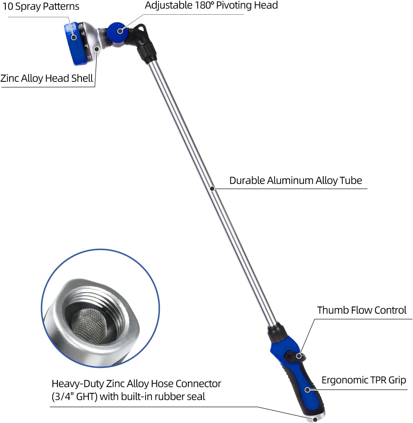 Watering Wand for Garden Hose, 30 Inch, 10 Spray Patterns, Thumb Control Garden Hose Nozzle, Adjustable Water Sprayer with Pivoting Head, Ideal for Hanging Baskets, Plants, and Shrubs, Blue