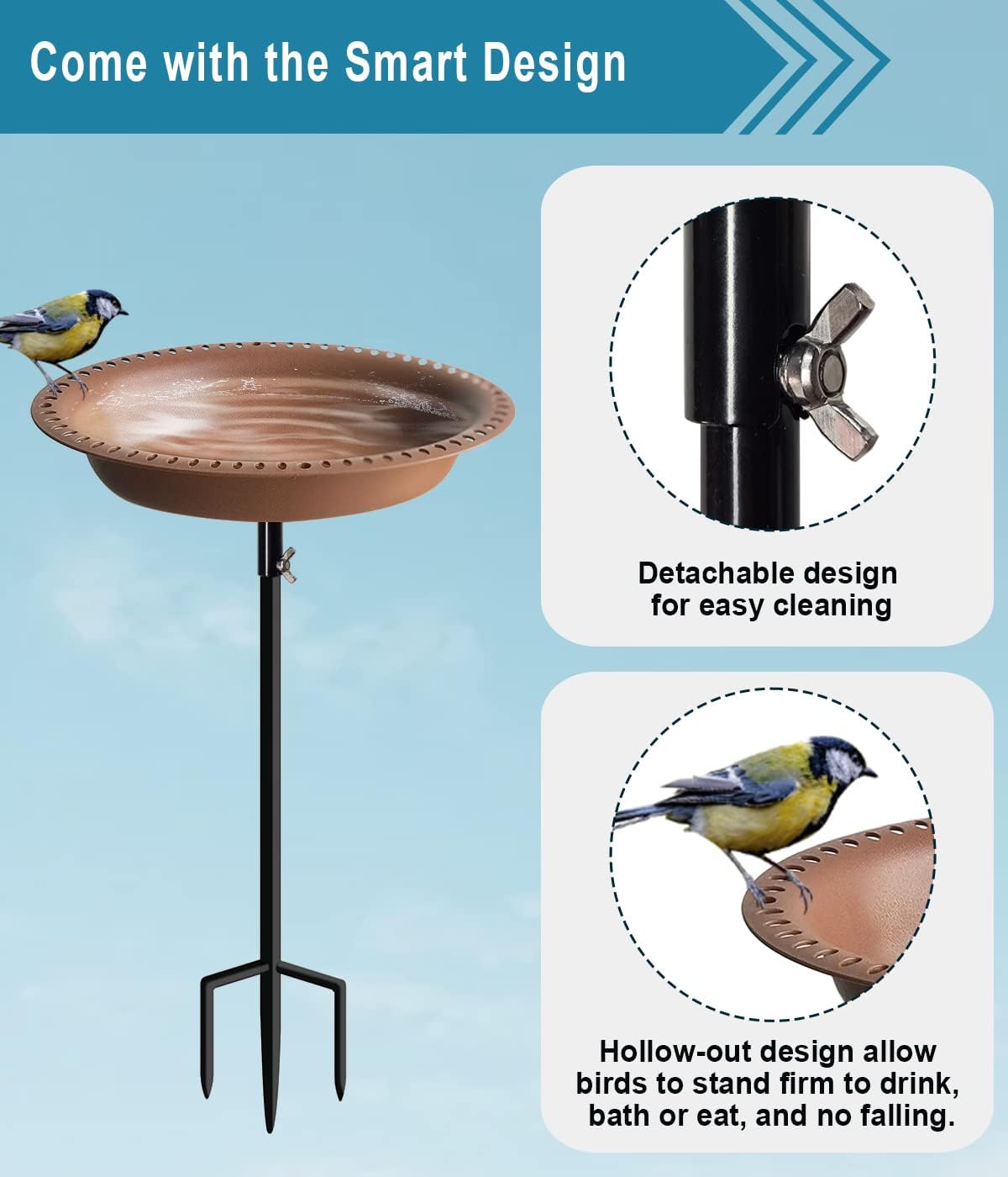 Koutemie 1-¼ Gallon Detachable Free Standing Garden Bird Bath Bird Feeder Bowl with Metal Stake for Outdoor, Deep Brown, 29 Inch