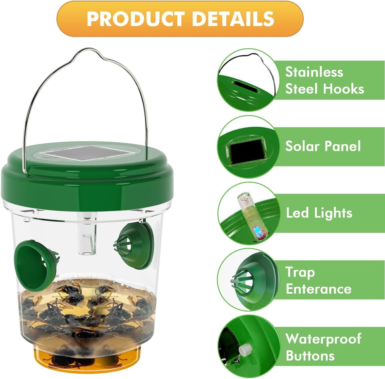 Wasp Traps for Hunting Wasps, Bees, Hornets, Insects, Yellow Jacket Traps, Wasp Trap Catcher, Reusable Solar Powered Hanging for Outdoor, 4 Packs