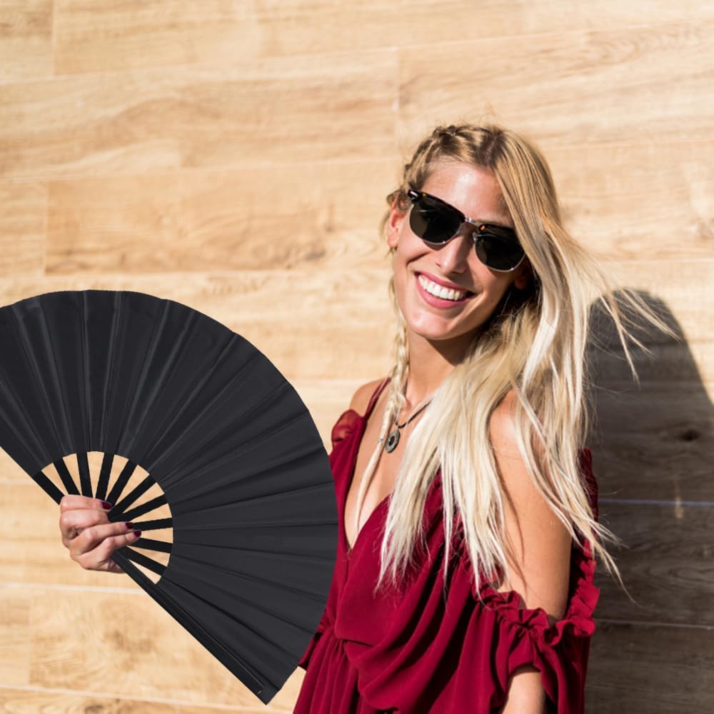 8 Pack Large Folding Hand Fans for Women/Men, Kungfu Taichi Rave Folding Fan with Bag, Large Popping Clacking Fans for Line Dancing, Concert, Party, Festival, Home Decorations(Black)