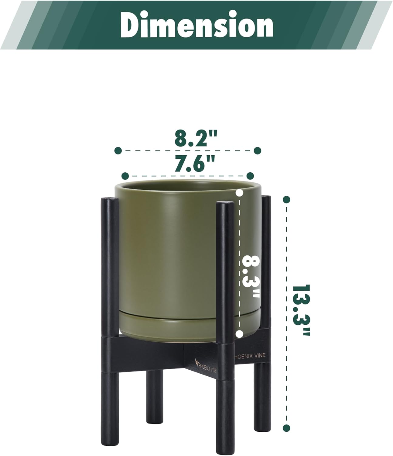 D'vine Dev Ceramic Planter with Ebony Stand - 8 Inch Modern Round Flower Pot with Wood Planter Holder, Olive, 55-B-M-J