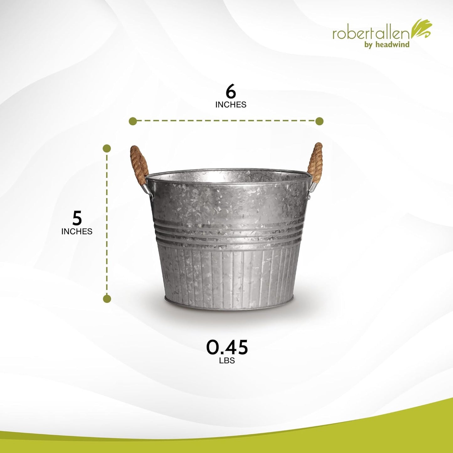 Headwind Round Galvanized Bucket w/Rope Handles – 6 Inch Metal Tub Bucket Planter for Outdoor Plants with Drainage Hole – Galvanized Large Outdoor Planters Buckets by Robert Allen