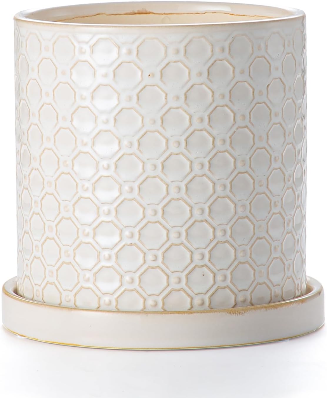 6 Inch Plant Pot: Ceramic Planter with Drainage Hole & Saucer Indoor Outdoor Plants - Cylinder Round Flower Pot for Home Office - Modern Decorative - Small White