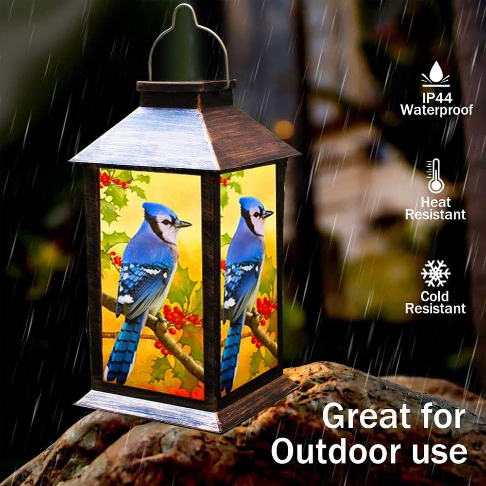 Solar Lanterns Outdoor Hanging Blue Jay Solar Lights Decorative for Garden Patio Porch and Tabletop PVC Waterproof LED Lantern (1pack)…
