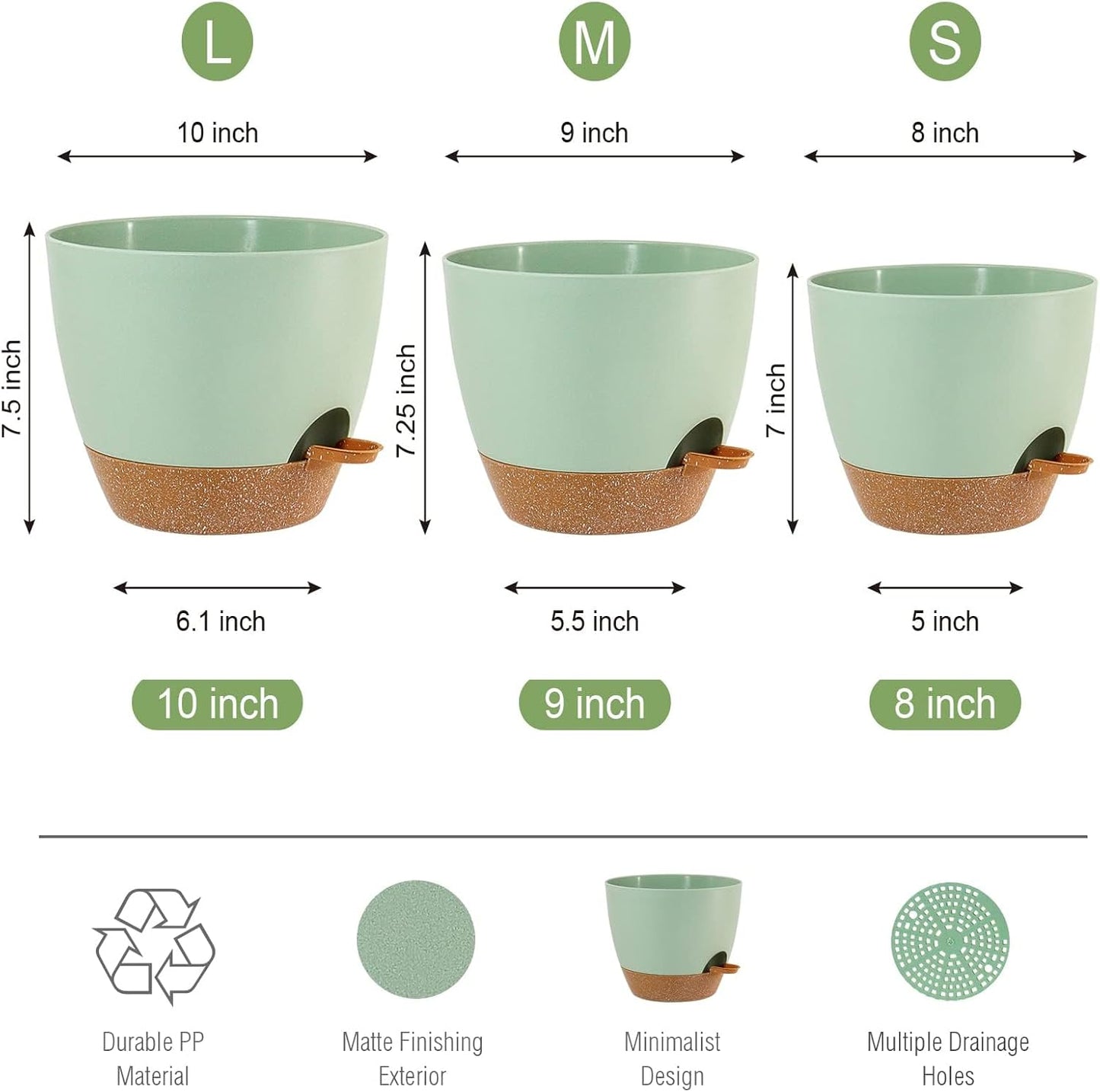 10/9/8 inch Self Watering Pots, Set of 3 Plastic Planters with Mesh Drainage Holes and Deep Reservoir for Indoor Outdoor Garden Plants and Flowers, Green with Brown
