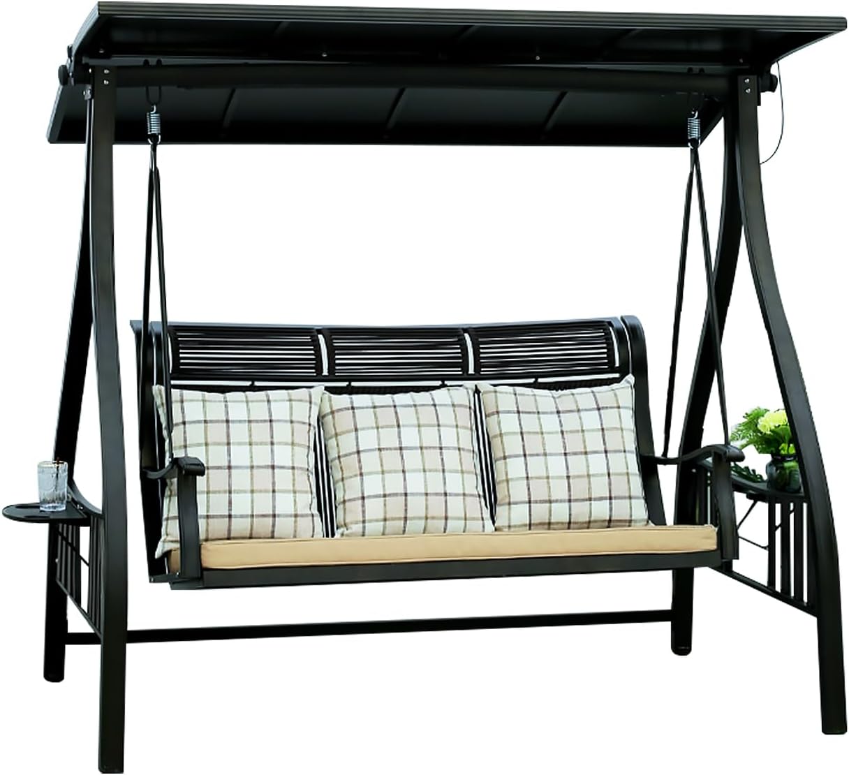 2/3-Seat Outdoor Patio Porch Swing with Adjustable Aluminum Alloy Canopy Solar Patio Swing Chair Bench with Footrest Side Cup Holder for Backyard Lawn (Manchester Without Footrest-3 Seat)