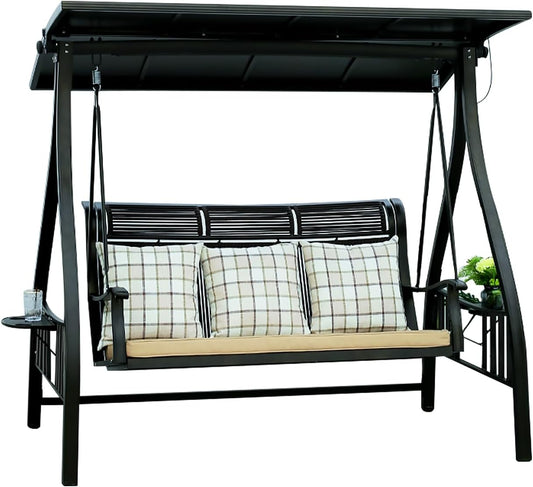 2/3-Seat Outdoor Patio Porch Swing with Adjustable Aluminum Alloy Canopy Solar Patio Swing Chair Bench with Footrest Side Cup Holder for Backyard Lawn (Manchester Without Footrest-3 Seat)