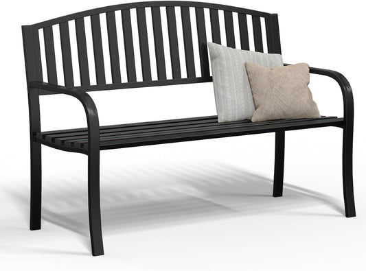 50" Heavy Duty Outdoor Bench, Wrought Iron Weatherproof Garden Bench Black Metal Patio Bench for Park Proch Yard 880lbs