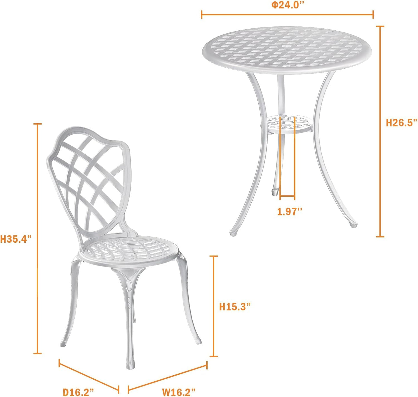 3 Piece Patio Bistro Set, Outdoor Bistro Table and Chairs Set of 2 w/Umbrella Hole, Rust-Resistant Cast Aluminum Bistro Set for Garden/Balcony/Backyard, White