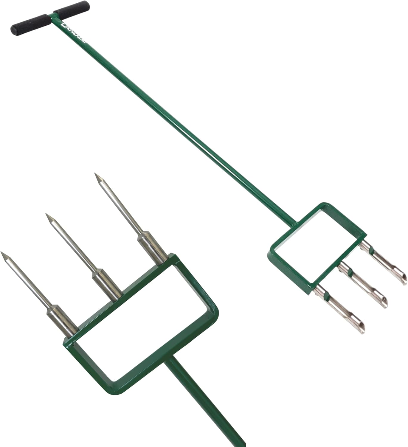 Landzie - The Original Hollow and Spike Tine Lawn Aerator Set - Includes 1 Aerator + Set of 3 Hollow Tines and 3 Spike Tines - 42 Inch Manual Stainless Steel Gardening Hand Tool