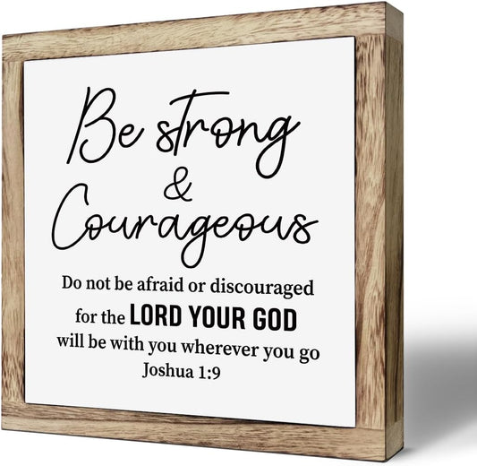 Scripture Be Strong and Courageous Wooden Plaque Box Sign, Inspirational Wood Art, Christian Home Decor for Living Room, Motivational Desk Gift