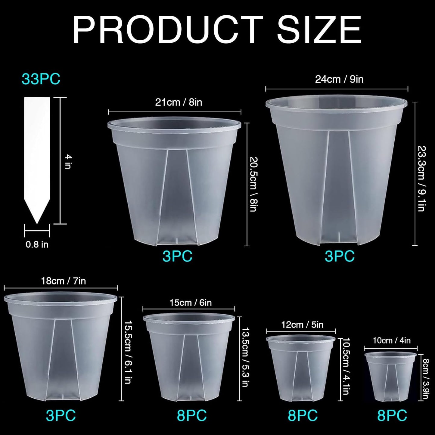33PCS Frosted Clear Plastic Plant Pots with 33 Plant Labels 4/5/6/7/8/9 Inch Thickened PP Nursery Pots for Indoor Outdoor Plants