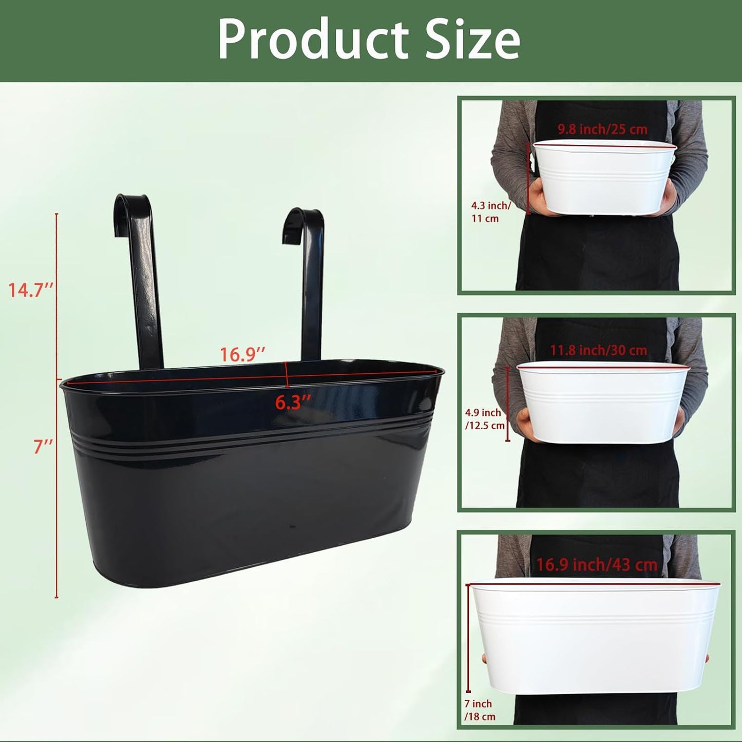 Hanging Planters for Outdoor Plants, 17" Railing Planter Pots, Metal Fence Flower Pot for Porch Balcony with Detachable Hook (Black, Pack of 4)