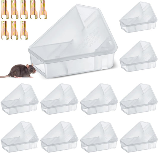Qualirey 12 Pcs Mice Station with Key Triangle Bait Station Reusable Rodent Trap Bait Box, Keeps Children and Pets Safe Indoor & Outdoor, Bait Not Included, Suitable for Small Mice (Translucent)