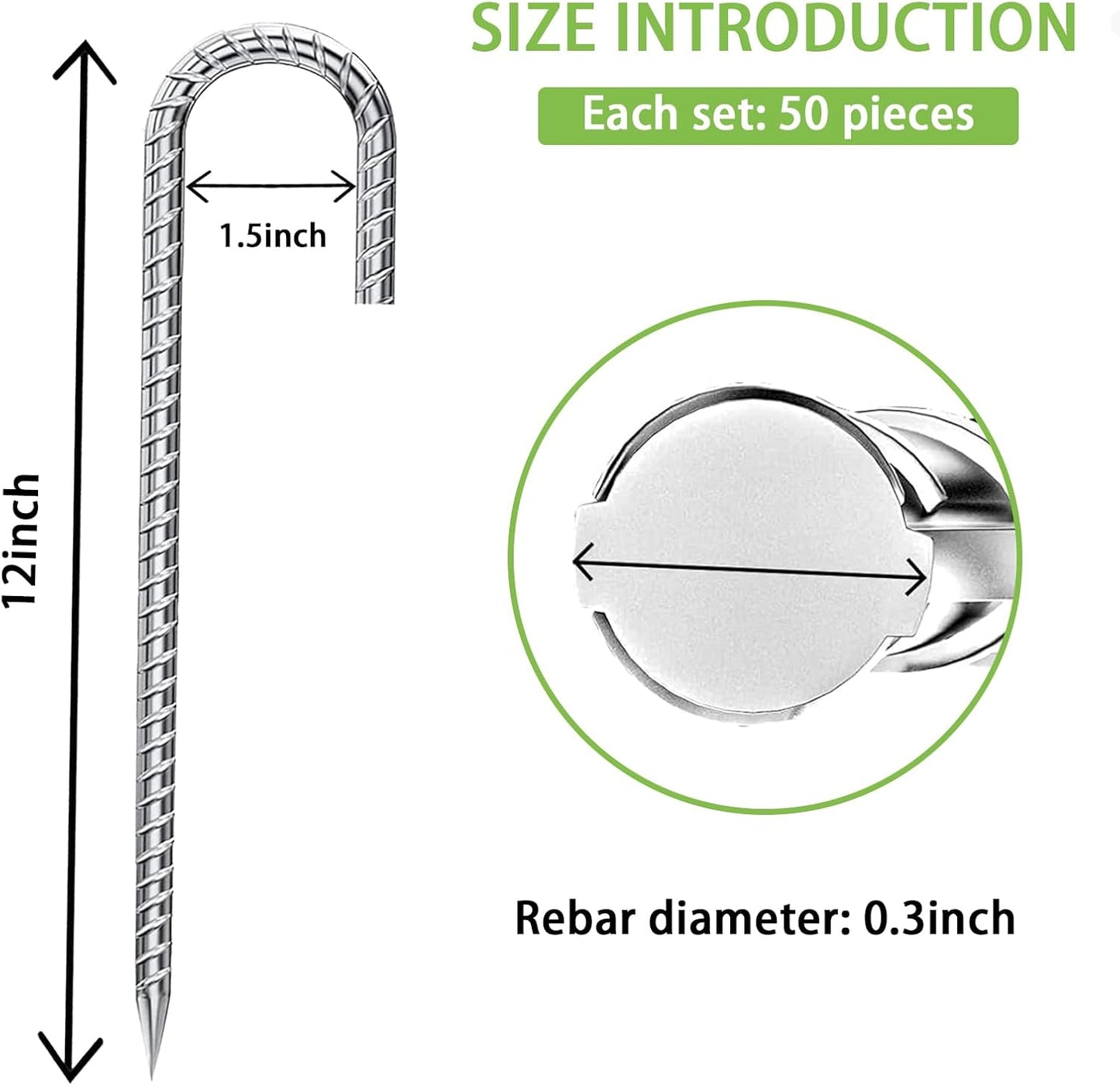 Ground-Stakes-Heavy-Duty-12-Inch, J Hook Rebar Stakes Galvanized Anti-Rust 50pcs Metal Stakes for Ground Heavy Duty Ground Anchors for Garden Dog Fence Chicken Coop Deer Fence