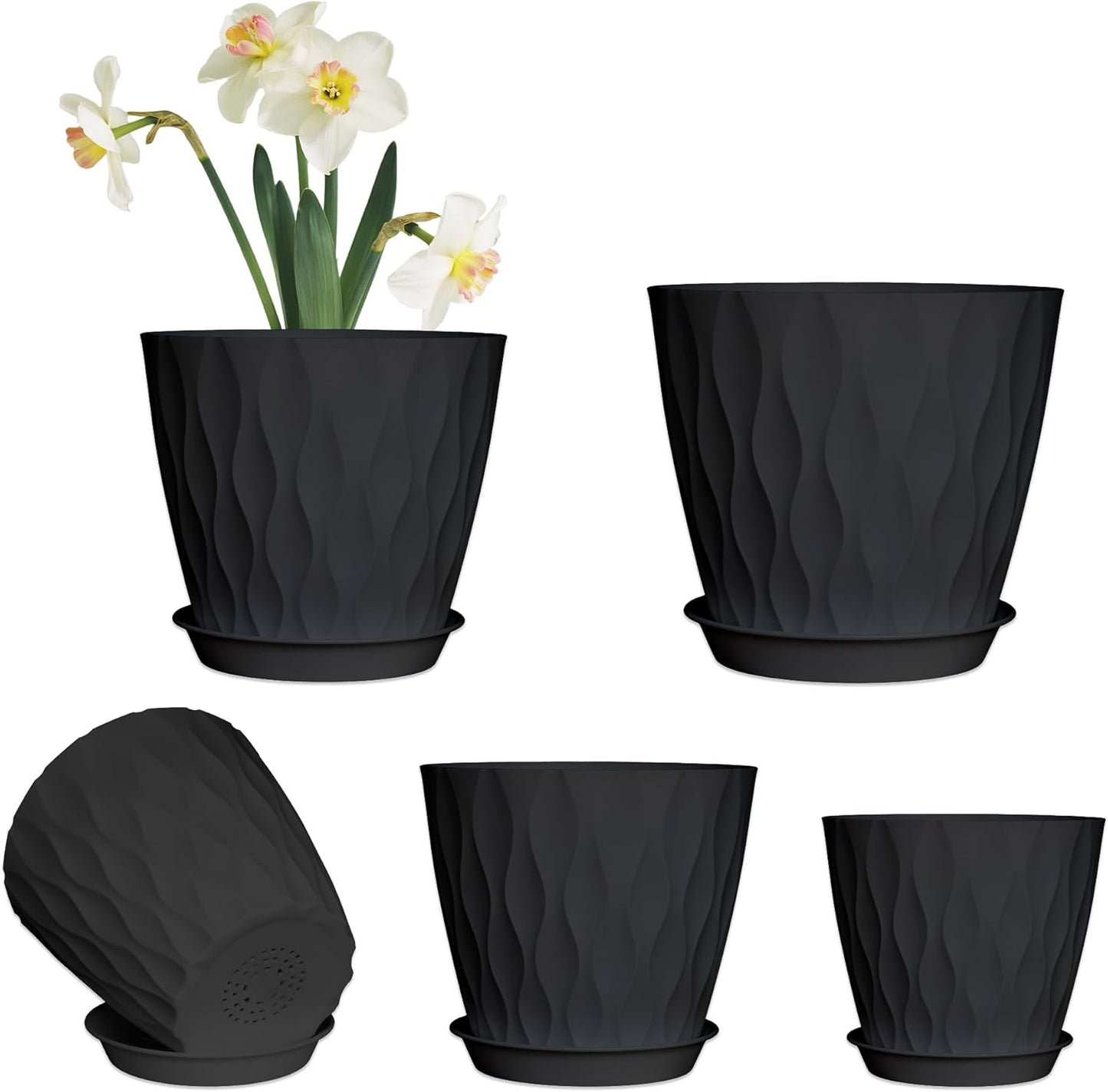 8/7/6/5/4 Inch Plant Pots with Drainage Holes, Setof 5 Plastic Planters for Indoor Outdoor Plants,Indoor Flower Pots, Nursery Planting Pot for Garden OfficeHome Decor(Black, 8/7/6/5/4)