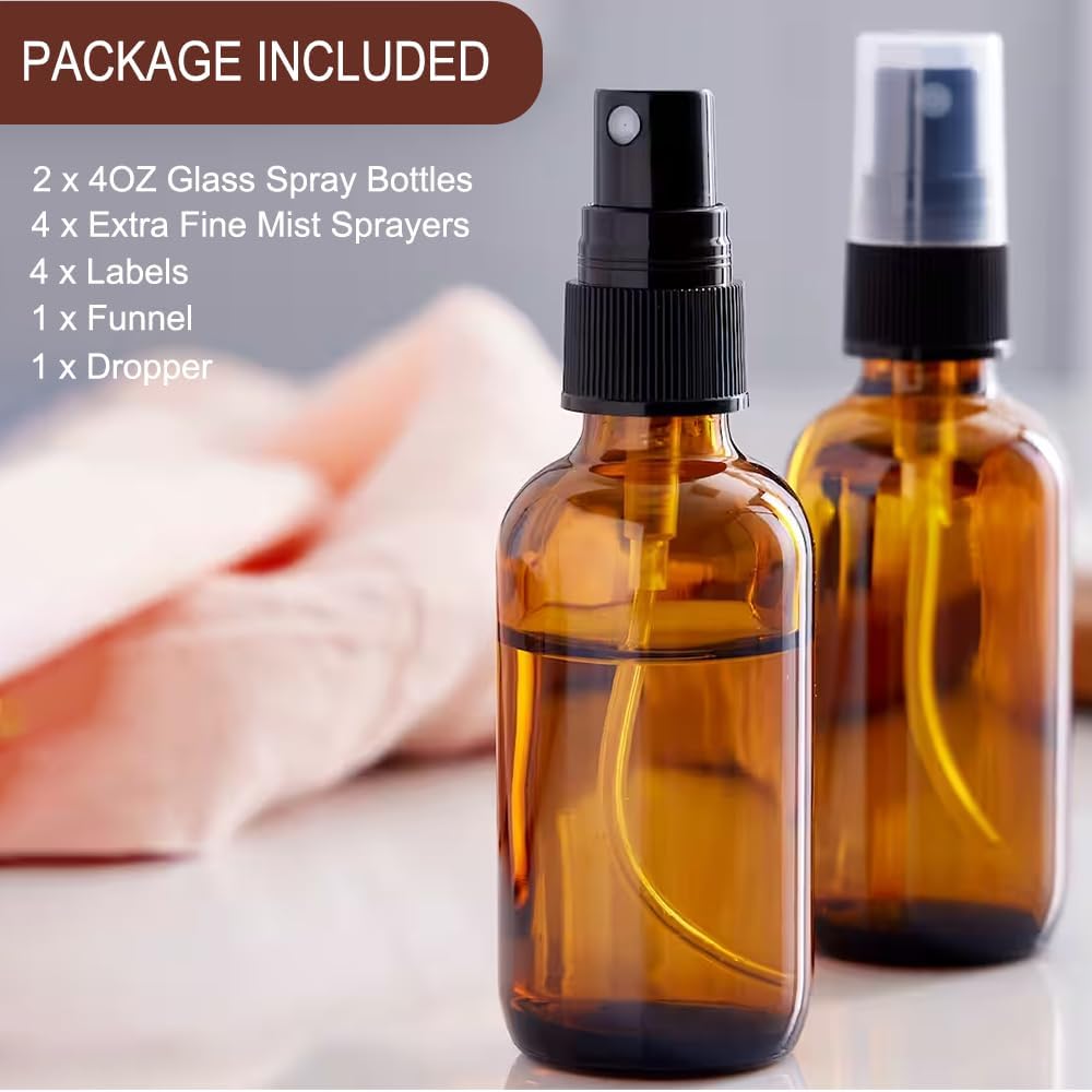 4 oz Amber Glass Spray Bottles - Small Empty Fine Mist Spray Bottle for Essential Oil,Face - Mini Dark Spray Bottles with,Included 4 Sprinkler, 1Funnels,1 Droppers, 4 Labels