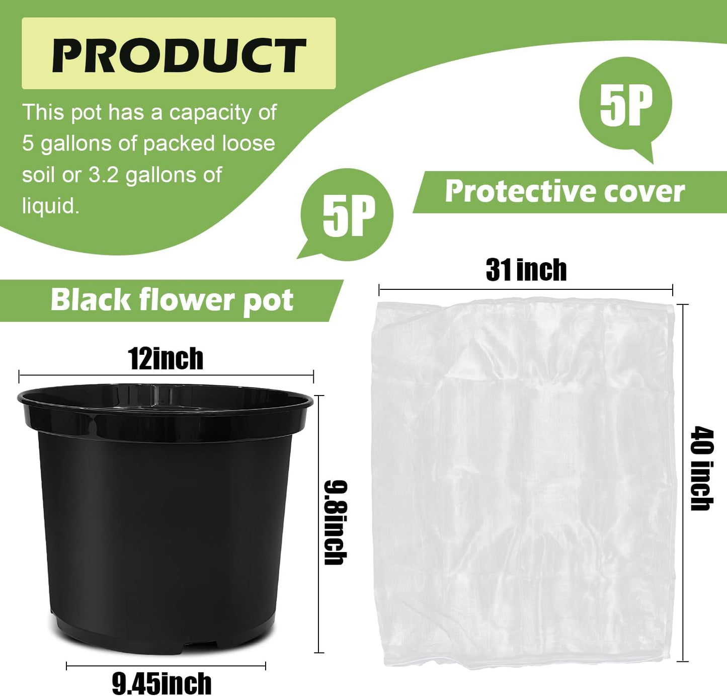12-Inch Reusable Nursery Pots with Durable Bird Netting Covers for Outdoor/Indoor Plants, 5-Gallon Garden Pots & Bird Netting for Garden Protection Bundle, Gardening Gifts for Women (5-Pack)