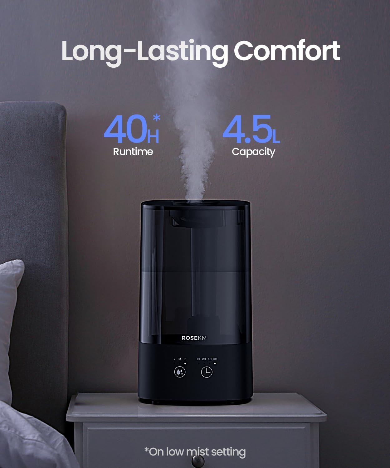 4.5L Humidifiers for Bedroom, Humidifiers for Home Large Room, Cool Mist Humidfiers for Baby and Plant with Timer, Adjustable Mist Level, 360° Nozzle, Auto Shut-Off, Black