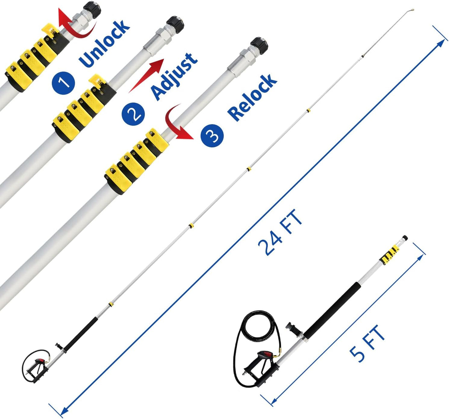 RAYNEL 24FT Telescoping Pressure Washer Extension Wand with Brush Head,Power Washer Extension Wand,Gutter Cleaner Attachment,5 Spray Nozzle Tips,Support Belt and 2 Hose Adapters