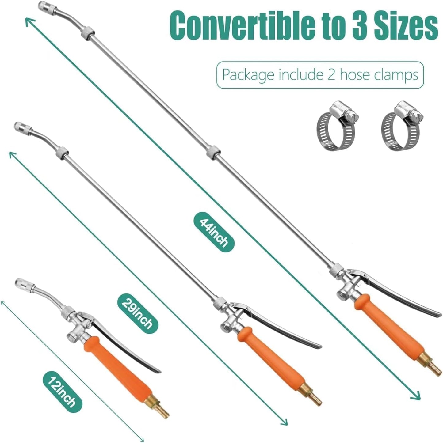 All Metal Sprayer Wand with 3 Types of Nozzles, Fan Nozzle Replacement Sprayer Wand, Stainless Steel Sprayer Wand with 1/4" & 3/8" Brass Barb and 2 Hose Clamps (3 Nozzles 44 Inches Sprayer Wand)