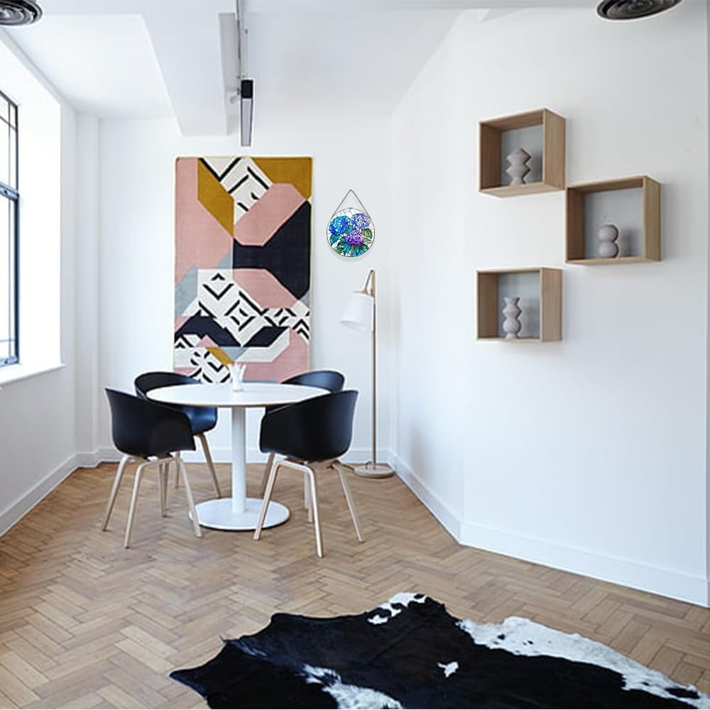 Handmade Hydrangea Flower Stained Glass Suncatcher - Vibrant Window Décor for Home/Garden,Gift-Ready Sun Catcher Art with Hook (Blue, 6.3 * 6.3IN)