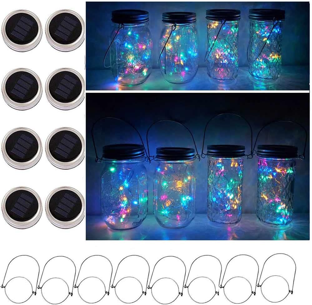 Solar Mason Jar Lid Lights, 8 Pack 20 LED Waterproof Fairy Star Firefly String Lights with (8 Hangers Included,Jars Not Included), for Mason Jar Table Garden Wedding Party Decor (4 Colors)