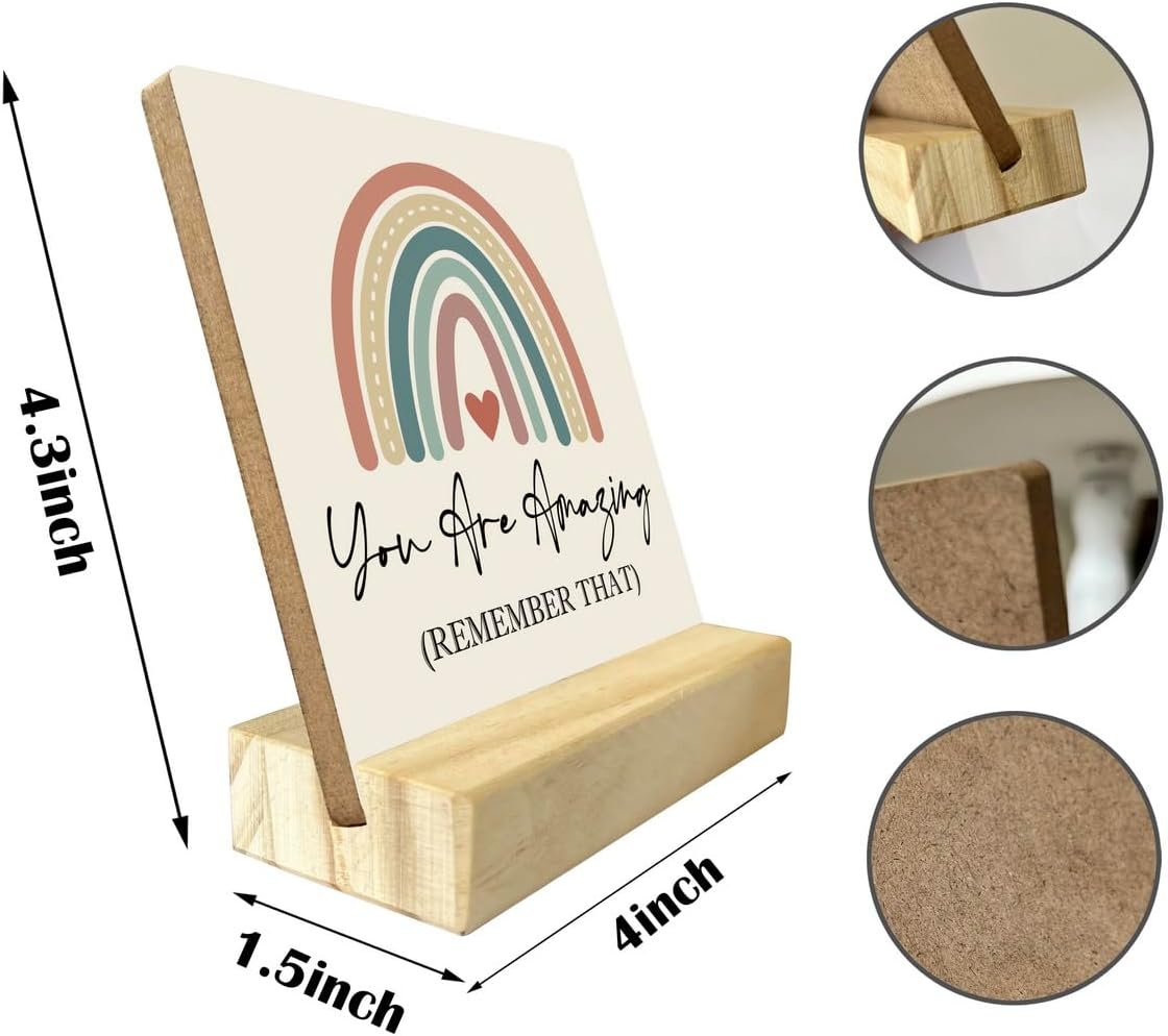 Primitive Wooden Sign, You are Amazing Remember That, Desk Plaque with Wooden Stand 4 x 4.3 inches, Rustic Home Decor, Farmhouse Sign, Inspirational Quotes Gifts for Friend Family, Cheer Up Gift