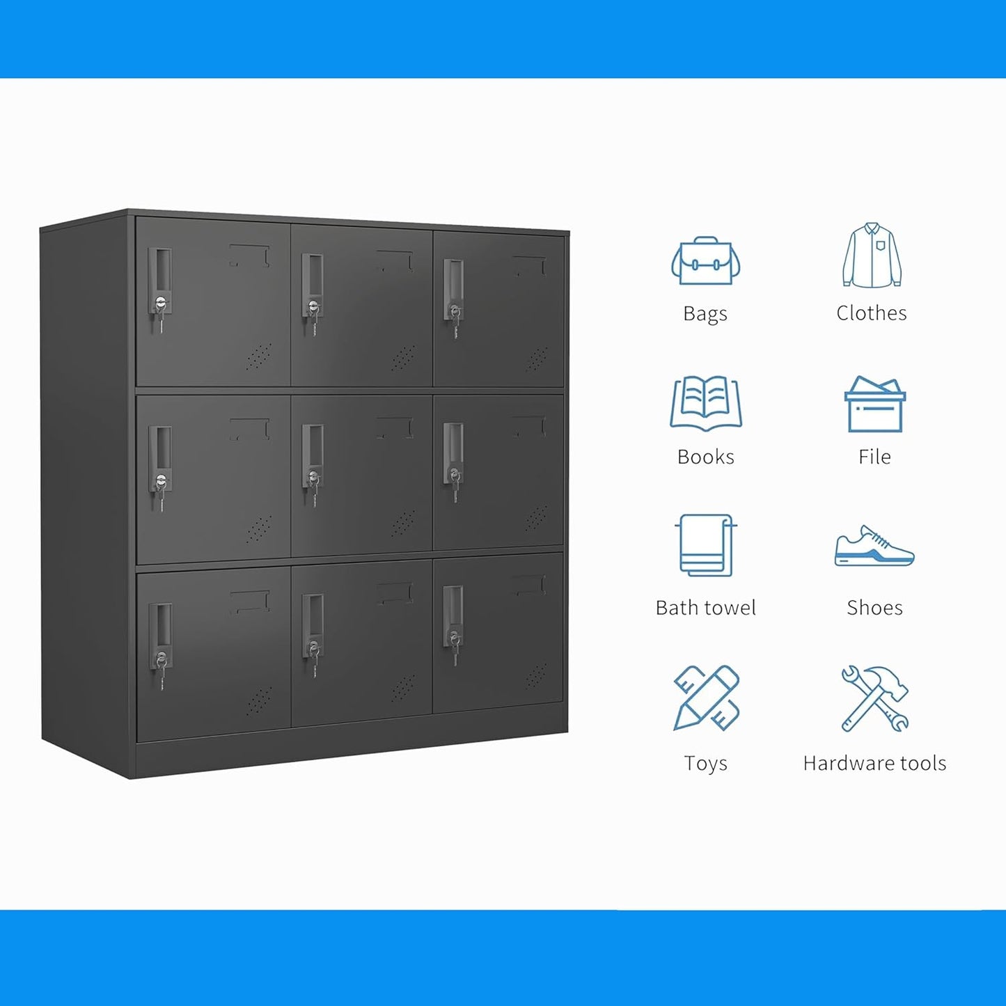 9 Door Metal Storage Locker for Employee,School,Office,Gym,Garage,Locker Cabinet with Lock and Card Slot (9 Door, Black)