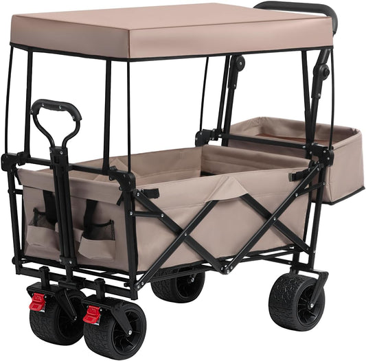 ALIMORDEN Foldable Canopy Wagon Garden Cart, Heavy Duty Outdoor Utility Collapsible Tool Cart with Removable Canopy and Big Wheels, Khaki