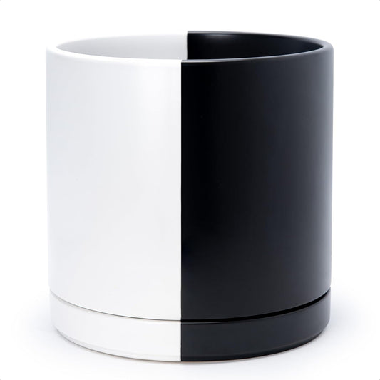 D'vine Dev 12 Inch Ceramic Planter Pot with Drainage Hole and Saucer, Indoor Cylinder Round Planter Pot, Split Monochrome Black & White, 94-O-F-0