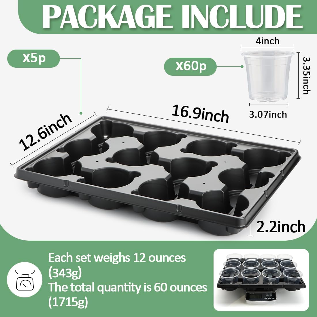 12 Cell Nursery Pot Trays 5 Pack with 4 Inch Clear Plant Pots 60 Pack, Thick Sturdy Seeds Starting Germination Shuttle Carrying Trays, Black Small Planter Nursery Propagation 5 Sets
