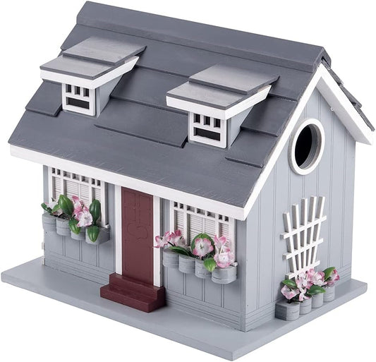 Decorative Wooden Birdhouse for Outdoor Hanging – Handcrafted Miniature Cottage Style with Blue Roof, Front Porch, and Balcony – Garden or Backyard Décor for Wild Birds (Beach House)