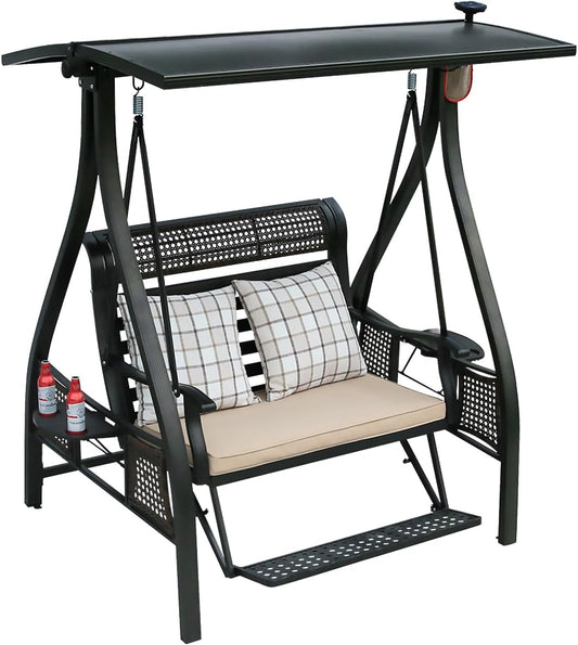 2/3-Seat Outdoor Patio Porch Swing with Adjustable Aluminum Alloy Canopy Solar Patio Swing Chair Bench with Footrest Side Cup Holder for Backyard Lawn (Himalaya-2 Seat)