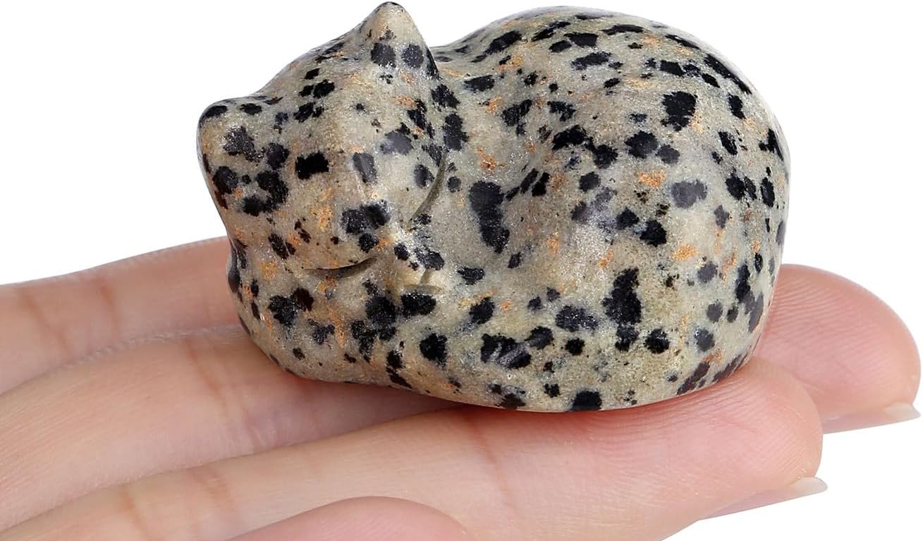 LAIDANLA Dalmation Spot Jasper Cat Healing Crystals Figurine Sleeping Cat Hand Carved Cute Statue Polished Stone Sculpture Reiki Office Room Bedroom Desk Home Decoration Gifts 1.6"