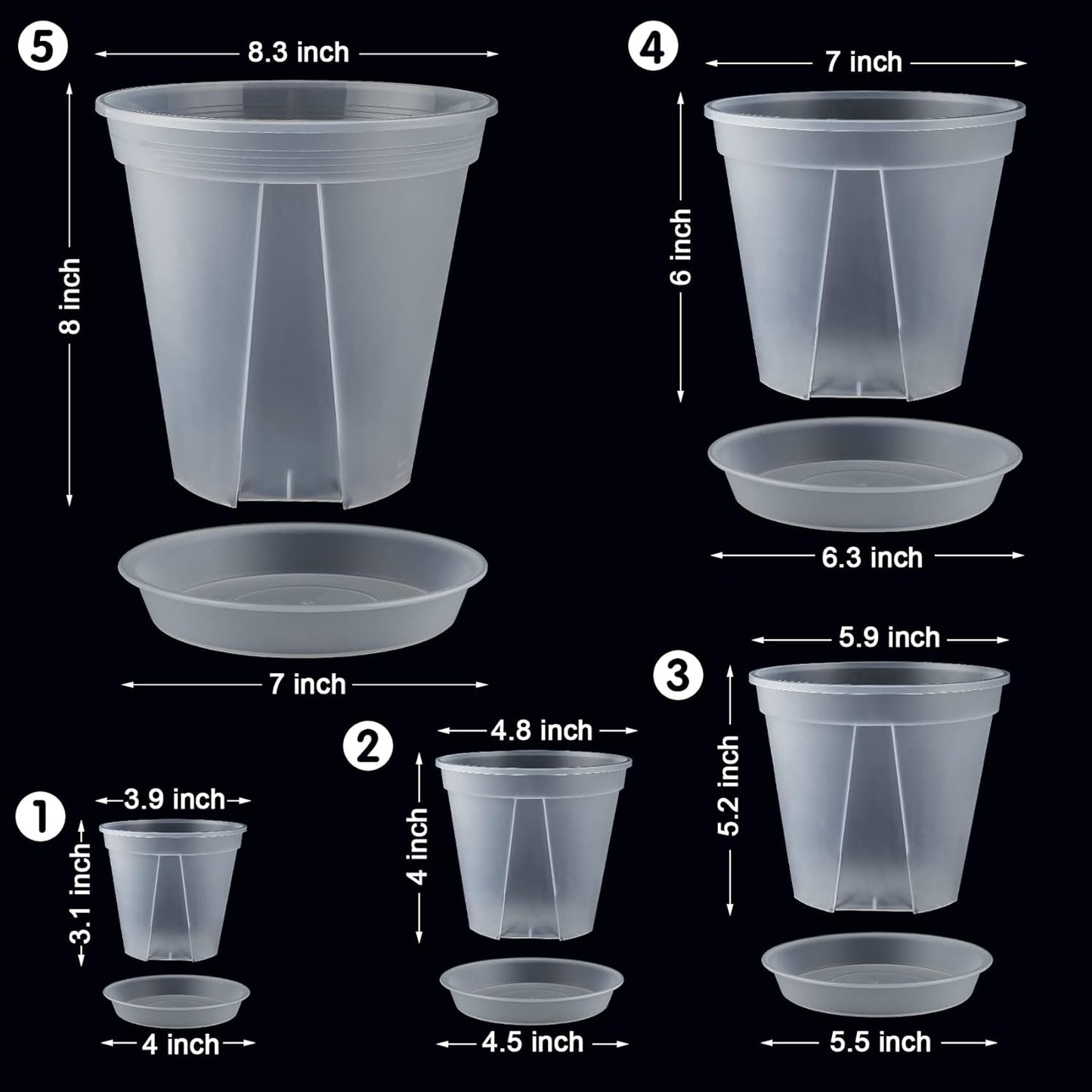 GREENPARA Transparent Plastic Garden Pots Planter with Saucer 4/5 /6/7 /8 inch Plant Pot Nursery Pots Drainage Hole for House Plants, Herb, Flowers, and Cactus with 10pcs Plant Labels, 5-Set