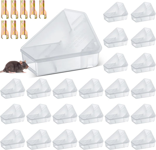 Qualirey 24 Pcs Mice Station with Key Triangle Bait Station Reusable Rodent Trap Bait Box, Keeps Children and Pets Safe Indoor & Outdoor, Bait Not Included, Suitable for Small Mice (Translucent)